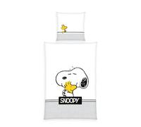 Herding Juego de Cama Peanuts Snoopy con Funda de Almohada Reversible de 80 x 80 cm, Funda nórdica de 135 x 200 cm, con Cremallera, 100% algodón, Color Blanco/Gris