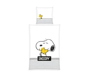 Herding Juego de Cama Peanuts Snoopy con Funda de Almohada Reversible de 80 x 80 cm, Funda nórdica de 135 x 200 cm, con Cremallera, 100% algodón, Color Blanco/Gris