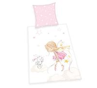 Herding Little Fairy - Juego de Funda nórdica y Funda de Almohada (80 x 80 cm, Funda nórdica de 135 x 200 cm, Cierre de Botones, 100% algodón/Franela), Color Rosa y Blanco