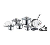 Herenthal Batería 18 piezas, acero inoxidable: Sartén ø24; Cazo ø16; Cacerola ø18; Cacerola ø20; Cacerola ø24; Protectoresx 2 + 3 utensilios de cocina + rejilla freidora/escalfadora, Cromado (CH1783)