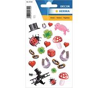 HERMA 15729 Pegatinas de la suerte con purpurina pequeña, 40 unidades, pegatinas de trébol con mariquita, corazones, herradura, setas de mosca, etiquetas para álbum de fotos, boda, diario, álbum de