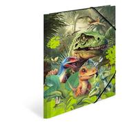 HERMA 19723 Dino World - Carpeta de cartón con esquinas para niños, con impresión interior y banda elástica, carpeta de cartón resistente, para niños y niñas