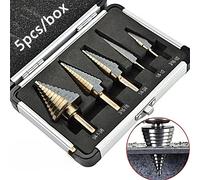 Herramienta de apertura de broca escalonada, paquete de caja de aluminio de 5 piezas, alta velocidad Brocas centrales de escariado de pagoda de metal de acero bagged