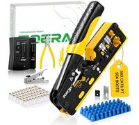 Herramienta de crimpado Cat7 RJ45, Cat 7 Cat6 Cat5 Pass Through Ethernet, herramienta de crimpado de red con probador de cables, pelacables múltiples, cuchillas, 50 conectores Cat 6 y botas de alivio