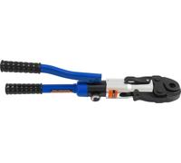 Herramienta hidráulica de prensado: Alicates de prensado/crimpado para tubos de cobre. Incluye 5 mordazas de prensado de 12/15/18/22/28 mm. Cabeza giratoria de 360°. Color: azul