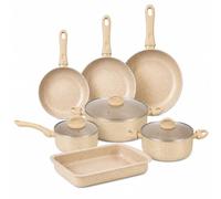 Herzberg Batería de Cocina 10 Piezas Efecto Mármol Inducción, Beige | efecto mármol, aluminio, todos los fuegos + inducción, sin PFAS PFOA plomo cadmio, vidrio templado, mangos soft-touch