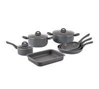 Herzberg Batería de Cocina 10 Piezas Efecto Mármol Inducción, Gris | efecto mármol, aluminio, todos los fuegos + inducción, sin PFAS PFOA plomo cadmio, vidrio templado, mangos soft-touch