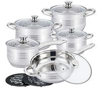 Herzberg Batería de Cocina 12 Piezas Acero Inoxidable Pulido con Tapas | acero inoxidable pulido, tapas de cristal, asas remachadas, juego completo, fácil de limpiar, ollas y sartenes
