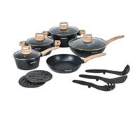 Herzberg - Batería de Cocina 14 Piezas, Revestimiento Granito, Aluminio Forjado, Mangos de Madera, Compatible Inducción, Tapas de Vidrio, Utensilios Incluidos, Negro