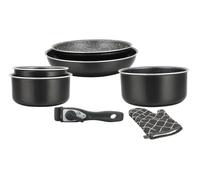 Herzberg - Batería de Cocina - Set de 3 Ollas Inducción y 2 Sartenes Antiadhesivas en Aluminio Forjado - Mangos Desmontables - Guante de Cocina Incluido - Compatible Todo Tipo de Fuegos - Negro