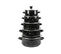 Herzberg HG04128, Juego de 10 Piezas de Ollas y Cazuelas con Tapas de Vidrio, Esmalte Negro, Mangos Cómodos, Tamaños Versátiles (16-24CM), Durabilidad Superior, Fácil de Limpiar
