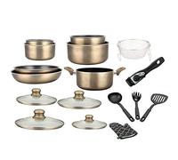 Herzberg - Juego de Batería de Cocina Inducción 17 Piezas - Aluminio Forjado con Revestimiento de Mármol - Mango Extraíble - Antiadherente - Apto para Todos los Fuegos - Guante Incluido - Cobre