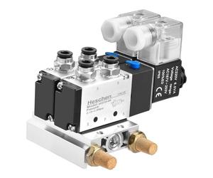 Heschen Válvula solenoide neumática eléctrica doble 4V210-08 220VAC PT1/4 5 vías 2 posiciones base de colector, silenciador, juego de accesorios rápidos