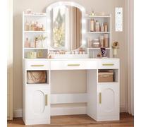 HEXCELEN 108cm Tocador con Espejo Ovalado y Luces LED con Brillo Ajustable | Mesa de Maquillaje con Enchufes, Soporte para Secador de Pelo, Tocador de Maquillaje, 3 Cajones, 2 Armarios, Blanco