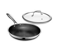 HexClad Sartén Hybrid Antiadherente de 25 cm con Tapa de Vidrio Templado, Asa que se Mantiene Fría, Apto para Lavavajillas, Horno hasta 480°C e Inducción, Compatible con todas las Estufas