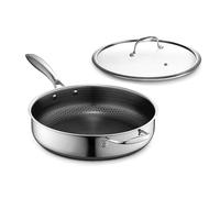 HexClad Sartén Profunda para Saltear Hybrid Antiadherente de 4.5 Litros con Tapa de Vidrio Templado, Apta para Lavavajillas, Horno hasta 480°C e Inducción, Compatible con todas las Estufas