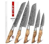 HEZHEN 5 Piezas Set Cuchillo Cocina, acero de Damasco, acero japonés con alto contenido de carbono, cuchillo universal para pan de Santoku, mango de madera con sombra blanca