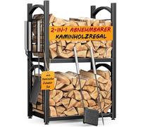 HFHOME Estantería interior para leña 2 en 1 con accesorios para estufa | Soporte para leña de chimenea, 78 x 46 x 32 cm, para guardar leña, pala, escoba, alicates, atizador, estante para leña