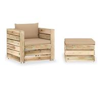 HFXHIJXQ Juego de 2 muebles de jardín con cojines, sillones y mesa de madera de pino verde impregnada, muebles de exterior para balcón, terraza y jardín, color beige