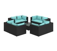 HFXHIJXQ Juego de 9 piezas de salón de jardín de polirratán negro, modular para exteriores con mesa de café y cojines en color azul agua, grupo de asientos para jardín, terraza y balcón