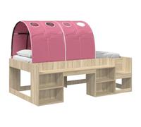 HFXHIJXQ Somier con túnel de 3 piezas, roble Sonoma rosa, 100 x 200 cm | Cama alta compacta de madera con escalera integrada y somier de láminas para dormitorios y espacios pequeños.