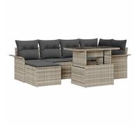 HGFDCBK Juego de muebles modulares de jardín de ratán sintético, 7 piezas, color gris claro, sofá para exterior con cojines extraíbles, esquinas y partes centrales, dos sofás, taburetes y mesa de