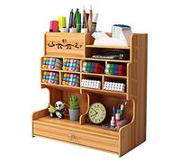 Hggzeg Organizador de escritorio de madera para escritorio DIY organizador de escritorio, caja de almacenamiento de papelería con cajón para el hogar, la oficina y la escuela (B18 color cereza)