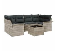 HGKMBRY Juego de muebles de jardín gris claro de 7 piezas con cojín, sofá exterior de polirratán con diseño modular, esquinas y partes centrales y mesa de cristal de seguridad, prácticos
