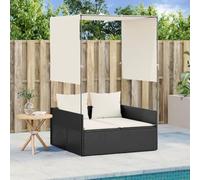 HGKMBRY Tumbona doble con techo y cortinas, color negro, polirratán, juego de muebles de jardín, incluye cojín acolchado para mayor comodidad