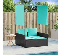 HGKMBRY Tumbona doble con techo y cortinas en color negro de polirratán, juego de muebles de jardín con cómodos cojines y funda lavable para terraza y balcón