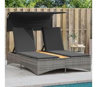 HGKMBRY Tumbona doble para tomar el sol con techo y cojines, color gris, respaldo ajustable en 5 posiciones, cojín extraíble y lavable, muebles de jardín de ratán de polietileno, juego de salón para