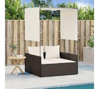 HGKMBRY Tumbona solar doble con techo y cortinas de ratán de polietileno marrón, juego de jardín con cojines, fundas extraíbles, ratán PE duradero, cómodo salón