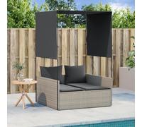 HGKMBRY Tumbona solar doble con techo y cortinas en gris claro de poliratán, juego de jardín con cojines acolchados, fundas extraíbles, ratán de PE duradero para exteriores