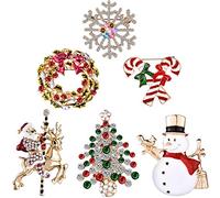Hicarer Juego de broches de Navidad con diamantes de imitación de cristal, bonitos pines de Navidad para decoraciones de Navidad, incluyendo campanas, renos, árbol de Navidad, guirnalda, 6 piezas
