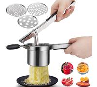 hicoosee Prensa Patatas Pasapures Engrosamiento Acero Inoxidable con 3 Discos de Repuesto, Machacador de Papas Multipropósito para Puré de Papas, Comida para Bebé, Jugo, Exprimir Limón
