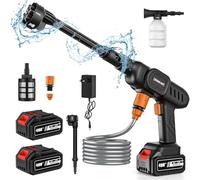 Hidrolimpiadora a Bateria, 60 Bar Hidrolimpiadora de Alta Presion Portátil, Batería Recargable 2 x 20000 mAh, Rango de Pulverización 6-10 m, Boquilla 6 En 1, Manguera 5 m, Apta para Lavado de Coche