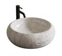HIGEINE Fregadero redondo de piedra natural de 16.5 pulgadas, travertino | Lavabo de baño rústico sobre el mostrador, exterior de textura cincelada, interior liso pulido, lavabo moderno