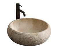 HIGEINE Fregadero redondo de piedra natural de 16.5 pulgadas, travertino | Lavabo de baño rústico sobre el mostrador, exterior de textura cincelada, interior liso pulido, lavabo moderno