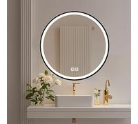 HIGHBATH Espejo de baño LED con luces, redondo, 50 cm, marco negro, antivaho, 3 temperaturas de color, regulable, impermeable, vidrio templado