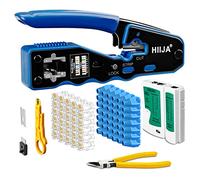 Hiija Kit Crimpadora RJ45 Cat6 Cat5e Cat5, Tester y Pelacables 3 en 1 | 50 Conectores RJ45 Pasantes con Fundas, Comprobador de Red y Cortador para Reparar Cables Ethernet