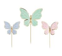 HIKIhooray Decoración para tartas de mariposas, juego de 9 x 6,5 cm cada uno de 9 x 6,5 cm, colores pastel azul/verde/rosa con contorno dorado, decoración para tartas y cupcakes