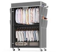 Himimi Perchero de 3 Niveles con Cubierta Perchero Robusto con Ruedas y Altura Ajustable, Barra de Ropa de Metal Estable con 2 Barras para Colgar y 4 Bolsillos Laterales, 90 * 45 * 205cm, Gris