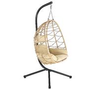 HinHocker Silla Colgante con Soporte, Cojín y Almohadilla | Color Crema | Columpio Colgante para Interior y Exterior | Estructura Metálica, Columpio de Jardín/Terraza, Silla Huevo, Cesta Colgante