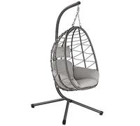 HinHocker Silla Colgante con Soporte, Cojín y Almohadilla | Color Gris | Columpio Colgante para Interior y Exterior | Estructura Metálica, Columpio de Jardín/Terraza, Silla Huevo, Cesta Colgante
