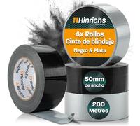Hinrichs Cinta Americana Plateada/Negra - 4 Rollos de Duct Tape 50m x 50mm - Cinta Adhesiva extrafuerte - Gaffer Tape Impermeable - Cinta Pintar negra/gris - Cinta Adhesiva para Interior y Exterior