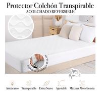 HIPERMANTA. Protector colchón TRANSPIRABLE ACOLCHADO reversible. ANTIÁCAROS, extra suave y ajustable. Color blanco. Disponible en varias medidas.