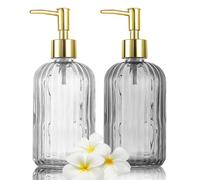 HIYAA Jabón de Vidrio, versátil Botella de Bomba sin Goteo de 14 onzas, dispensador de Tarro de Mano líquido Recargable para baño, encimera, Cocina, lavandería (1 Transparente, 1 Gris, Paquete de 2),
