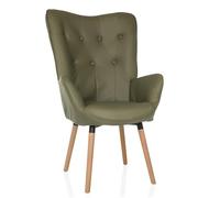 hjh LIVING Sillón orejero en Aspecto de Terciopelo HAVENIO I sillón para Sala de Estar o Dormitorio, Silla tapizada con Patas de Madera, Tela Verde Oliva