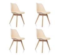hjh OFFICE 661012 Silla de Comedor Juego de 4 Scandi Plastic Beige Patas de Madera Maciza Haya, Silla tapizada Diseño Retro