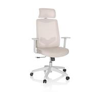 hjh OFFICE Silla giratoria MIKEO W Silla de Escritorio con Apoyo Lumbar, reposacabezas Regulable en Altura, Respaldo de Malla, Tela Beige 751011